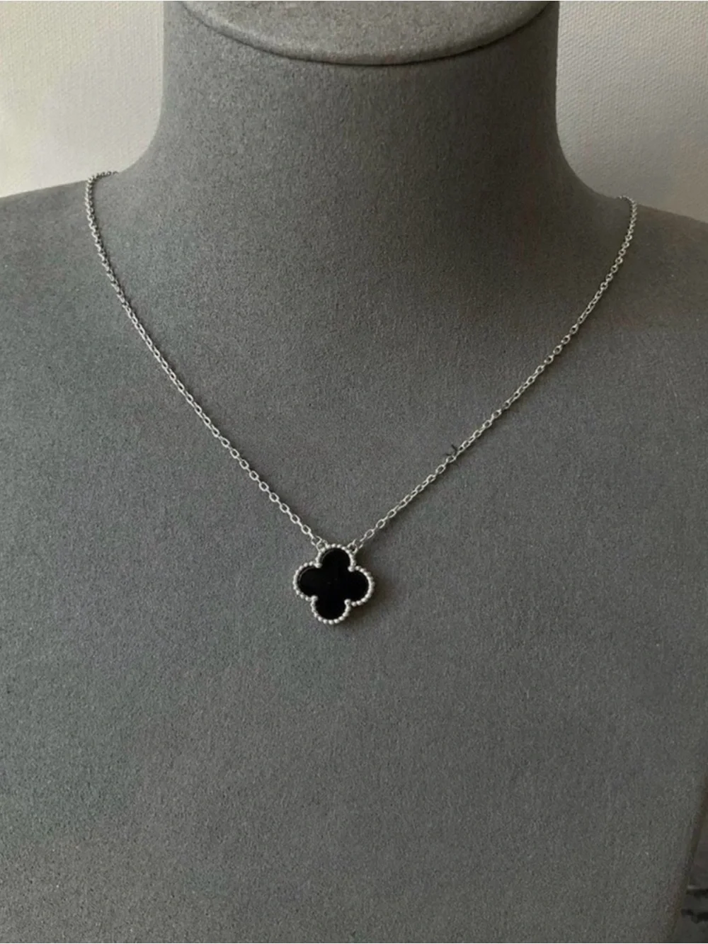 Black Flower Pendant Necklace - Silver Chain